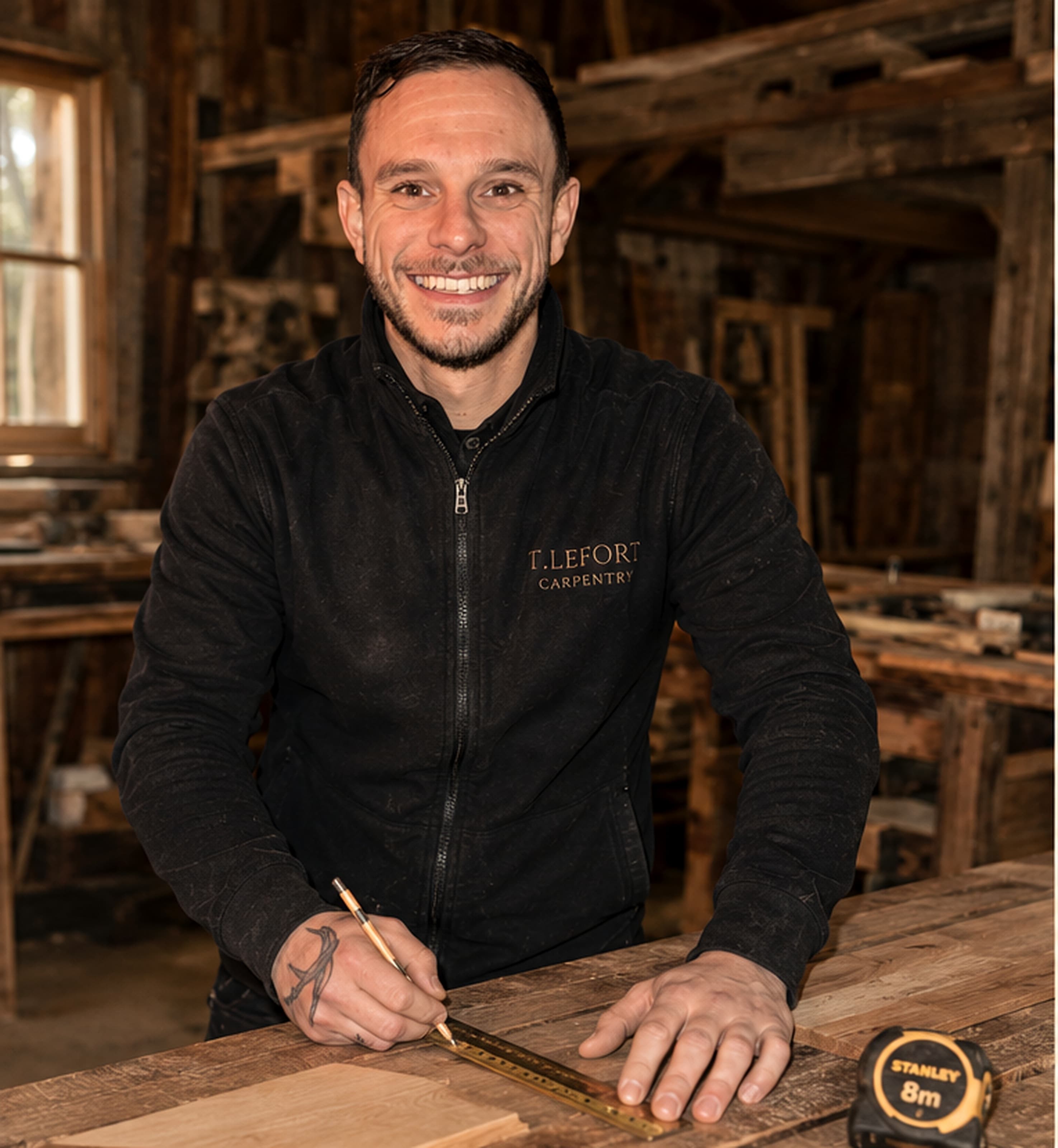 Friendly carpenter marking timber in a workshop for a bespoke Hertfordshire carpentry project